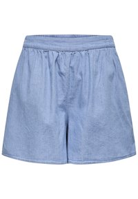 Modré šortky z chambray s elastickým pásom, voľným strihom a hladkou textúrou; lemované okraje a naťahované detaily v páse.
