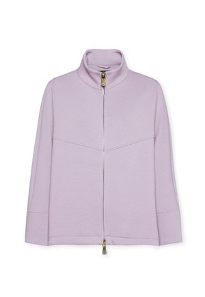 Veste zippée violet clair avec un col montant, des manches longues et des coutures plates. Dotée d'une fermeture éclair dorée et d'un tissu texturé.