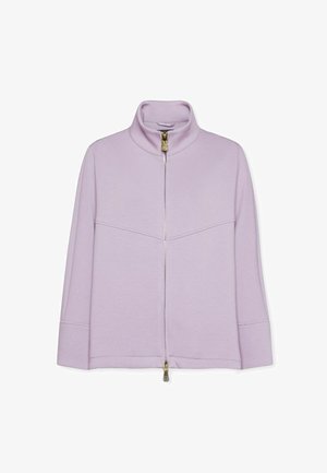 Veste zippée violet clair avec un col montant, des manches longues et des coutures plates. Dotée d'une fermeture éclair dorée et d'un tissu texturé.