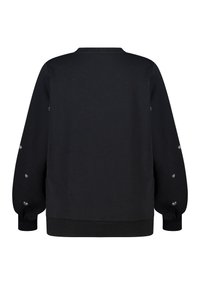 Zwarte sweatshirt met een klassieke ronde hals, geribde manchetten en een geribde onderkant. Voorzien van decoratieve metalen knopen op de mouwen. Zachte stoftextuur.