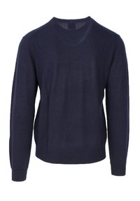 Granatowy sweter, okrągły dekolt, długie rękawy, gładka tekstura, dzianinowy materiał, minimalna liczba szwów, czysty design, wyświetlany widok od tyłu.
