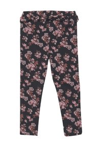 Zwarte leggings met een bloemenpatroon in roze en wit, voorzien van een gerimpelde taille voor comfort en een aansluitend ontwerp.