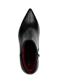 Mustat nahka nilkkurit, joissa on terävä kärki, sileä pinta, sivuvetoketjukiinnitys ja burgundin värinen vuori.