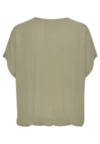Top de manga corta y corte suelto en verde oliva claro. Tela suave y texturizada con escote redondeado y dobladillo festoneado.