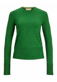 Pullover verde a maniche lunghe in maglia a costine, con scollatura a girocollo e orlo dritto. Design semplice e solido senza motivi.