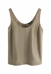 Canotta in satin beige senza maniche con scollo rotondo e zip sul retro per donne, esposta su uno sfondo bianco.