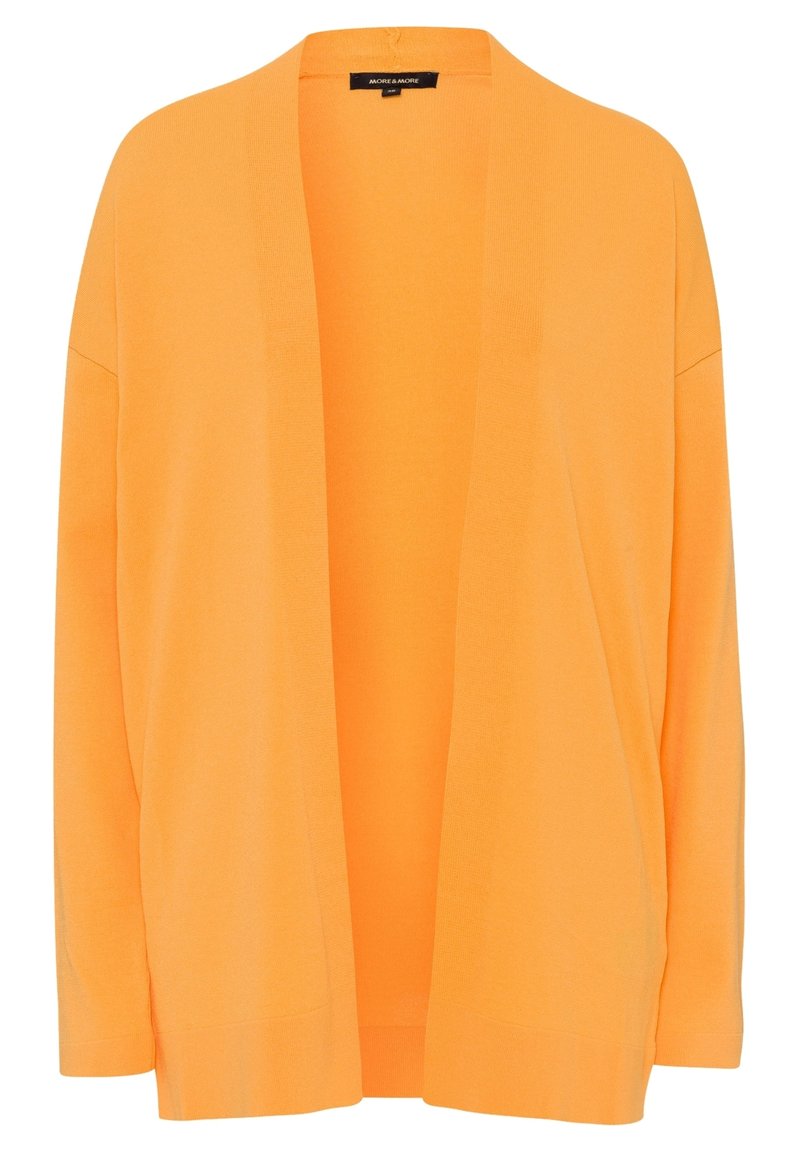 Gilet en tricot orange avec une ouverture à l'avant, des manches longues et une coupe décontractée. Il présente une texture lisse et n'a pas de fermetures.