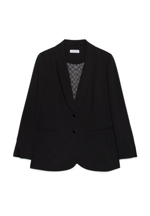 Blazer nero con revers a punta, due tasche anteriori e due bottoni neri. L'interno presenta un motivo geometrico su uno sfondo chiaro.