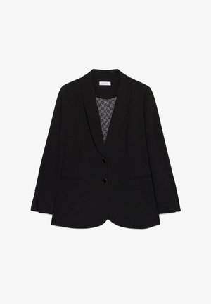 Sacou negru cu rever tăiat, două buzunare frontale și două butoane negre. Interiorul are un model geometric pe un fundal deschis.