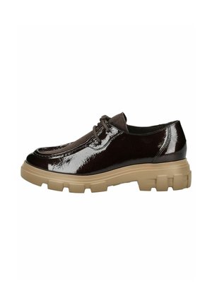 Dunkelbrauner Lacklederschuh mit einer strukturierten braunen Stoffzunge, klobiger beiger Sohle und runder Zehenform. Verfügt über ein klassisches Schnürdesign.
