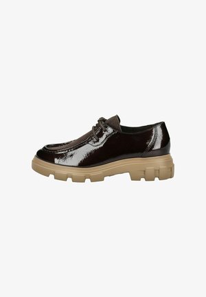 Donkerbruine gepatineerde leren schoen met een gestructureerde bruine stoffen tong, chunky beige zool en ronde neus. Heeft een klassieke vetersluiting.