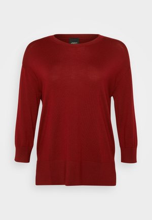 Pulôver vermelho de malha com decote redondo, mangas de três quartos e punhos canelados. Textura suave e design com um corte descontraído.