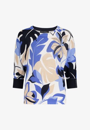 Kwiatowy sweter w kolorze niebieskim, czarnym i beżowym z rękawami o długości trzech czwartych. Posiada strukturalny wzór oraz delikatne ozdoby.