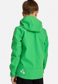 Giacca impermeabile verde con cappuccio, texture liscia, polsini elasticizzati e dettaglio del logo sulla parte posteriore. Presenta un design pulito e moderno.