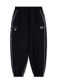 Pantaloni da jogging neri in morbido tessuto con vita elastica, con dettagli a cucitura bianca, tasche laterali e logo sulla parte frontale.