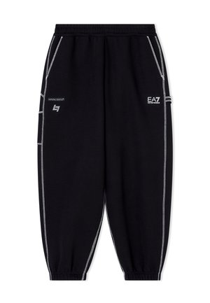 Pantaloni da jogging neri in morbido tessuto con vita elastica, con dettagli a cucitura bianca, tasche laterali e logo sulla parte frontale.