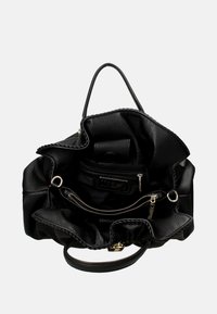 Borsa a mano in pelle nera con un'esterno morbido e strutturato, bordi arricciati e molteplici scomparti interni. Presenta manici superiori e chiusure con zip.