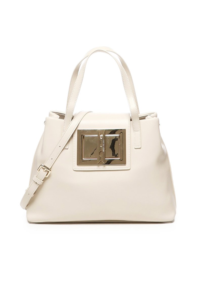 Borsa a spalla in pelle bianca con un fermaglio rettangolare in metallo e un design bicolore. Include manici corti e una tracolla removibile.