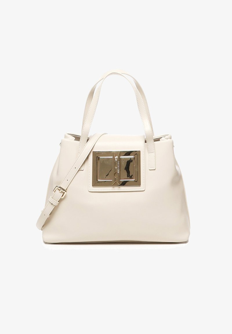 Borsa a spalla in pelle bianca con un fermaglio rettangolare in metallo e un design bicolore. Include manici corti e una tracolla removibile.