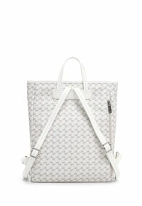 Zaino con motivo geometrico grigio e dettagli in pelle bianca, due manici superiori, spallacci regolabili e una tasca laterale con zip.