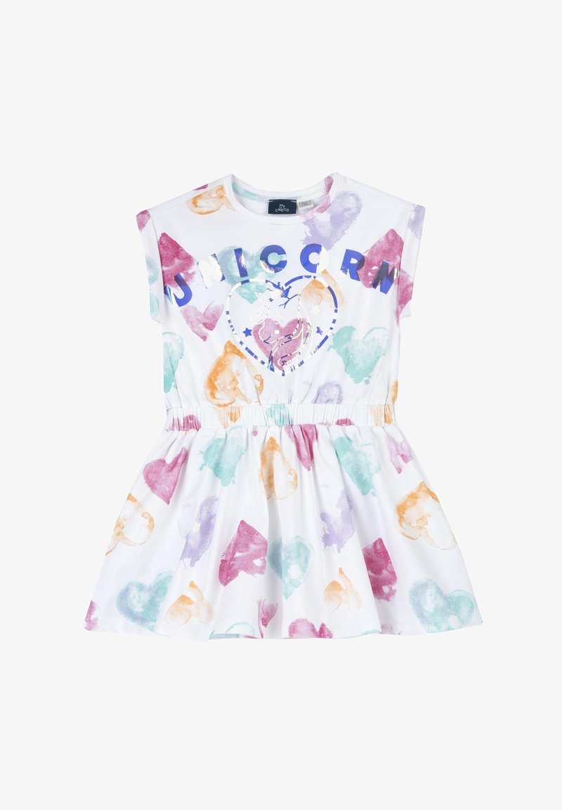 Witte jurk met meerkleurige aquarel patronen van harten, elastische tailleband, korte mouwen en de tekst "UNICORN" in blauw en zilver op de voorkant.