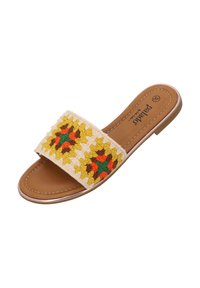Infradito bicolore con una fascia in tessuto intrecciato multicolore che presenta accenti gialli, verdi, arancioni e beige su una base marrone.