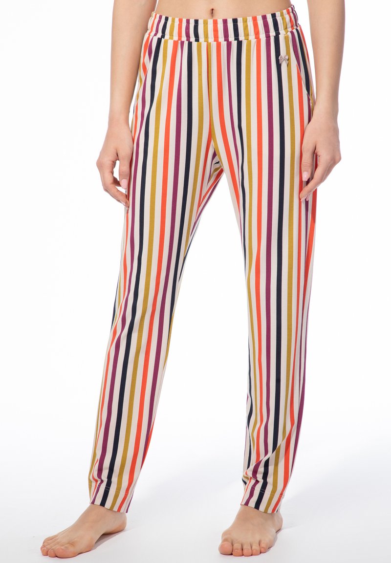 Mehrfarbige gestreifte Hose aus Baumwollmischung mit einem elastischen Bund und einem kleinen dekorativen Akzent nahe dem Bund.