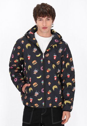 Zwarte ritsjack met voedselthema patronen, waaronder hamburgers, ijs en drankjes. De stof heeft een gladde, glanzende textuur.
