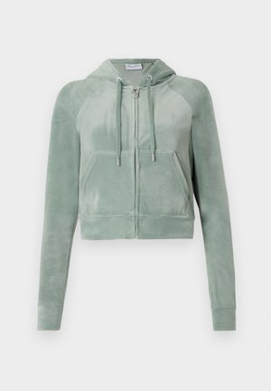 Hoodie corto in velluto verde tenue, con zip frontale, cordini regolabili e due tasche frontali. Texture liscia con dettaglio del logo.