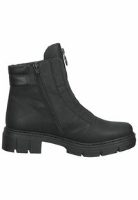 Bottine en cuir noir avec semelle en caoutchouc épaisse, fermeture éclair latérale, col rembourré et détail surpiqué à l'avant et sur les côtés.