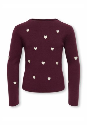 Pull bordeaux à manches longues avec de petits motifs de cœurs blancs dispersés dans le dos et sur les manches.
