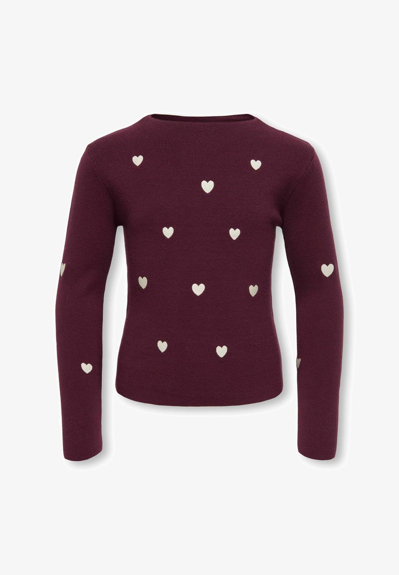 Pull bordeaux à manches longues avec de petits motifs de cœurs blancs dispersés dans le dos et sur les manches.