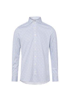Langärmliges Hemd in Hellblau mit einem marineblauen Kreisdesign, Button-Down-Kragen und geradem Saum. Baumwollmaterial mit glatter Textur.