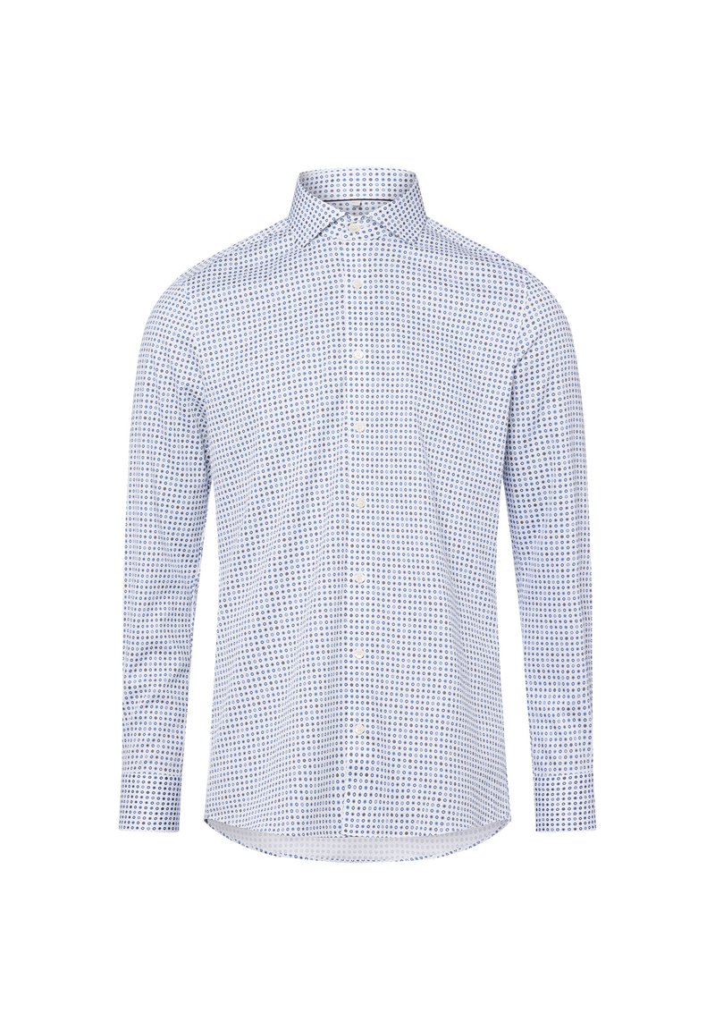 Camicia a maniche lunghe di colore azzurro chiaro con un motivo circolare blu navy, colletto con bottoni e orlo dritto. Tessuto di cotone con una texture liscia.