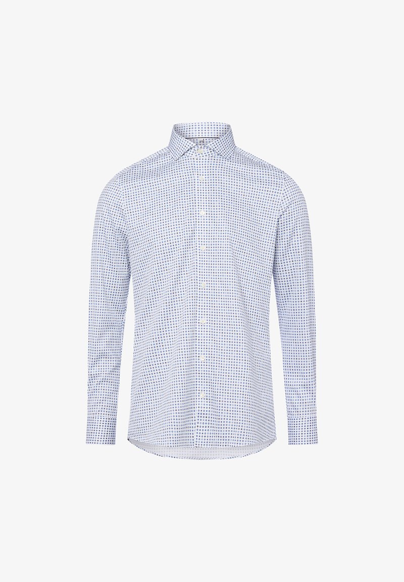 Camicia a maniche lunghe di colore azzurro chiaro con un motivo circolare blu navy, colletto con bottoni e orlo dritto. Tessuto di cotone con una texture liscia.