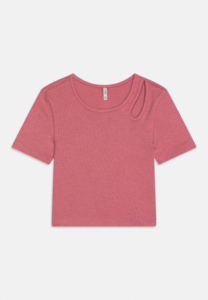 Īsām piedurknēm, putekļainas rozā krāsas īss ribots džemperis ar apaļu kakla izgriezumu un mazu cilpas detaļu uz labās pleca.