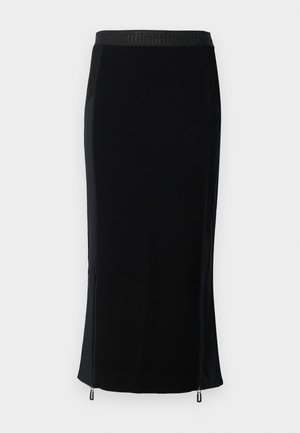 Black athletic skirt featuring a fitted shape, elastic waistband, mesh details on the sides, and zippers at the hem for adjustable fit.