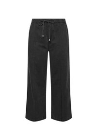 Pantalons cropped larges noirs avec taille élastique et cordon de serrage, présentant des détails de couture à l'avant.