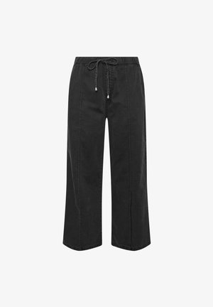 Sorte, brede cropped bukser med elastisk talje og snøre, der har detaljer med sømme foran.