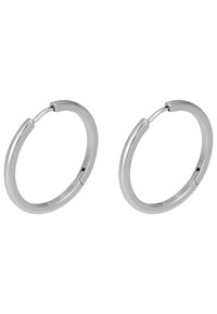 Orecchini a cerchio in argento con una finitura liscia e lucida. Forma circolare e un semplice gancio per la chiusura. Nessun ornamento o motivo.
