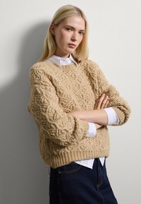 Beige gebreide trui met een gestructureerd patroon, ronde hals en ribgebreide zoom. Draagt over een witte overhemd met kraag, gecombineerd met donkere jeans.
