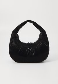 Sac à main noir en forme de coussin avec une silhouette courbée, texture brillante et fermeture éclair. Doté d'un détail de logo à l'avant et d'une poignée douce.