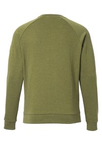 Olijfgroene sweatshirt met een ronde hals en lange raglanmouwen. Heeft geribbelde boorden en een zoom. Gemaakt van een zachte, gestructureerde stof.