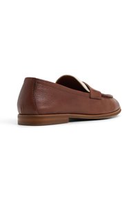 Brown leather loafers with a smooth surface, a low-profile design, and a subtle stitched accent on the upper. Standard rubber sole.