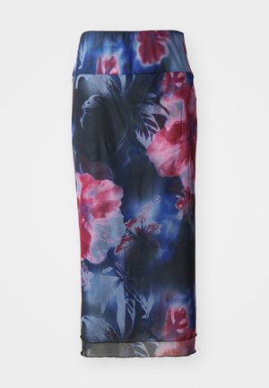 Floral-patterned skirt in dark blue, featuring shades of pink and purple, made of lightweight fabric with a smooth texture and elastic waistband.