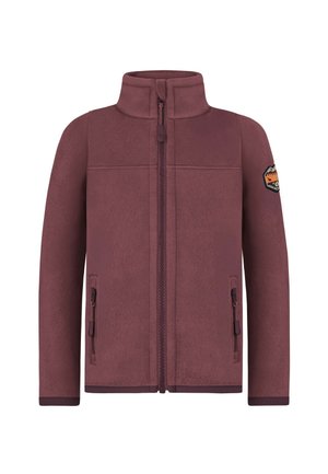 Fleecejacke in Weinrot, mit hohem Kragen, durchgehendem Reißverschluss, zwei Seitentaschen und einem Emblem-Patch am linken Ärmel.