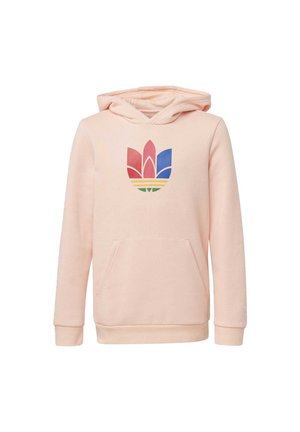 Sweat à capuche rose clair avec poche avant et logo fleur stylisé coloré en rouge, bleu, jaune et vert centré sur la poitrine.