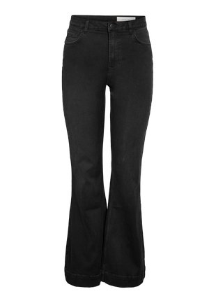 Black high-waist flared jeans with button and zip closure, front and coin pockets, and belt loops.
