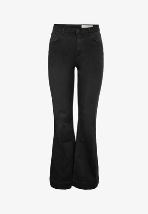 Black high-waist flared jeans with button and zip closure, front and coin pockets, and belt loops.
