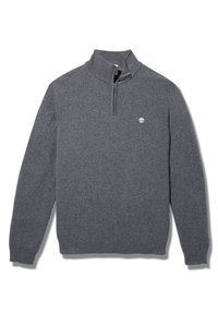 Grå pulloverr tröja med kvartdragkedja vid kragen, tillverkad av mjukt tyg, med en liten logotyp på bröstet och ribbade ärmslut och nederkant.